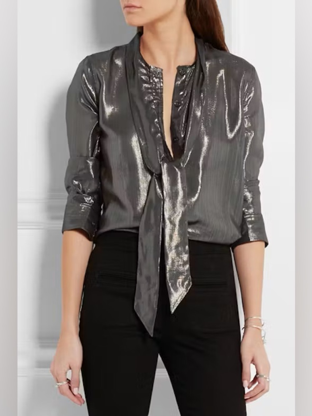 Equipment x Kate Moss Silver/Pewter Bow Blouse